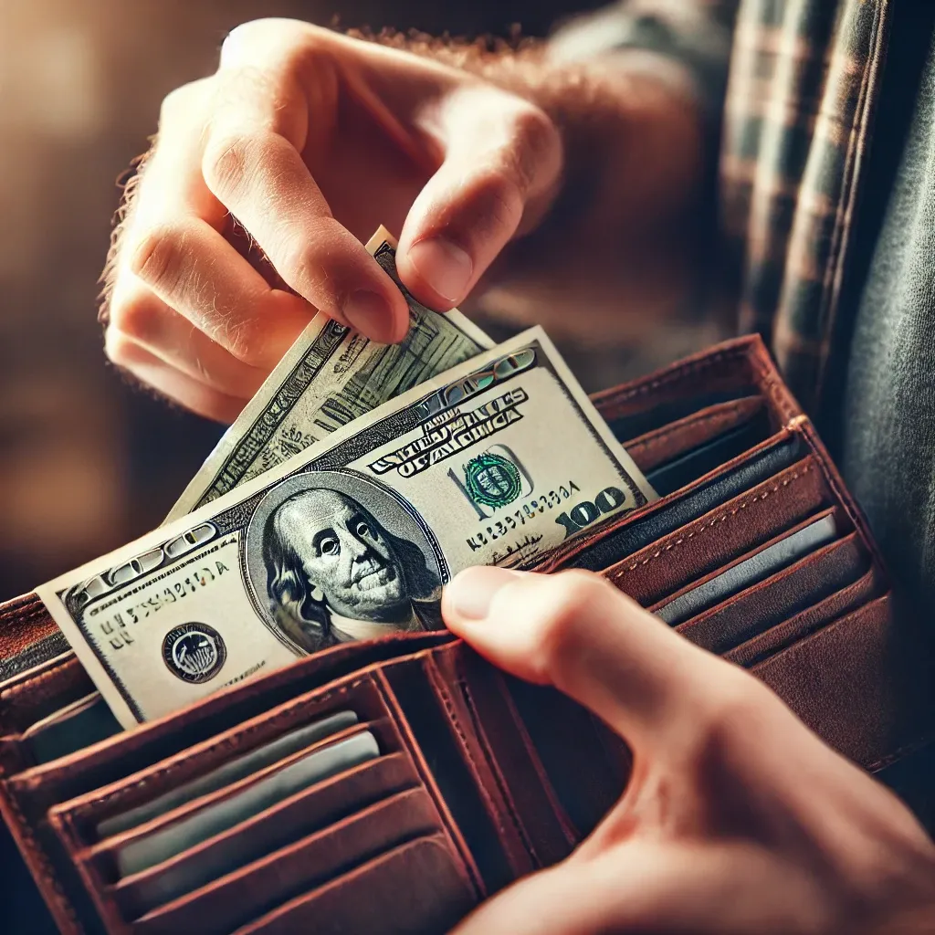 Man holding wallet with dollar out of his wallet